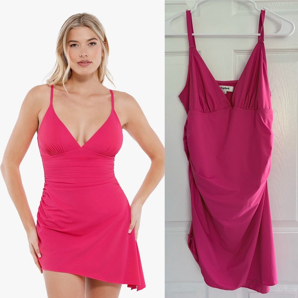 Popilush One-Piece Swimsuit XL Pink Ruched Shapewear Convertible Swim Dress